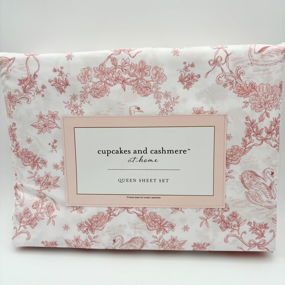 Cupcakes and Cashmere Toile Swan Queen Sheet Set Pink White Floral Print Bedding